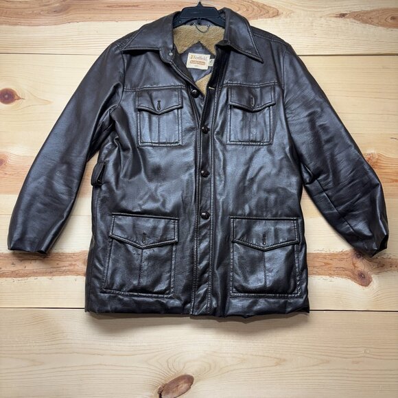 Vintage Kentfield Jacket Mens 42 Brown Sherpa Lined Faux Leather Coat 80s - Picture 1 of 15
